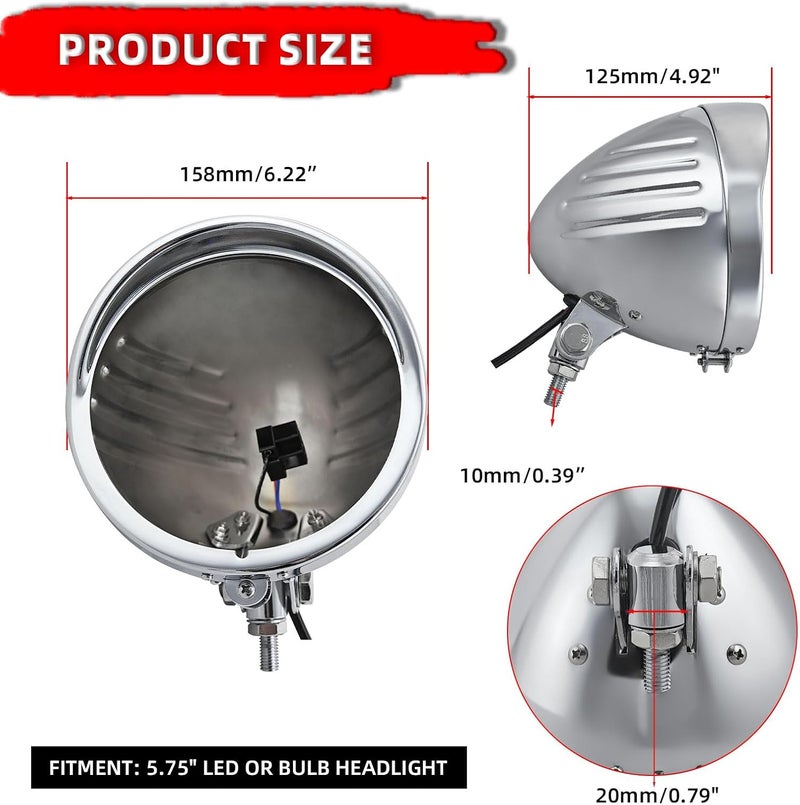 FATECIM Motorcycle 5.75" Round Headlight Bucket Housing with Visor 5 3/4 Inch LED Headlamp Shell Cover Heavy Duty Universal for Harley Kawasaki Honda Yamaha Suzuki Chopper Cafe Racer Bobber Chrome - Image 4